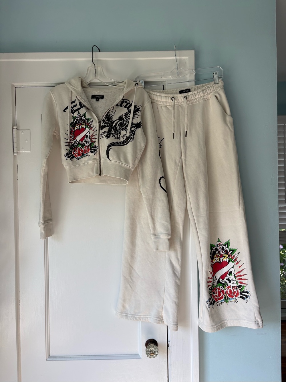 Ed Hardy Y2K Brave Eagle Cropped Wide Leg Ivory Cream Tracksuit Goth Grunge Set